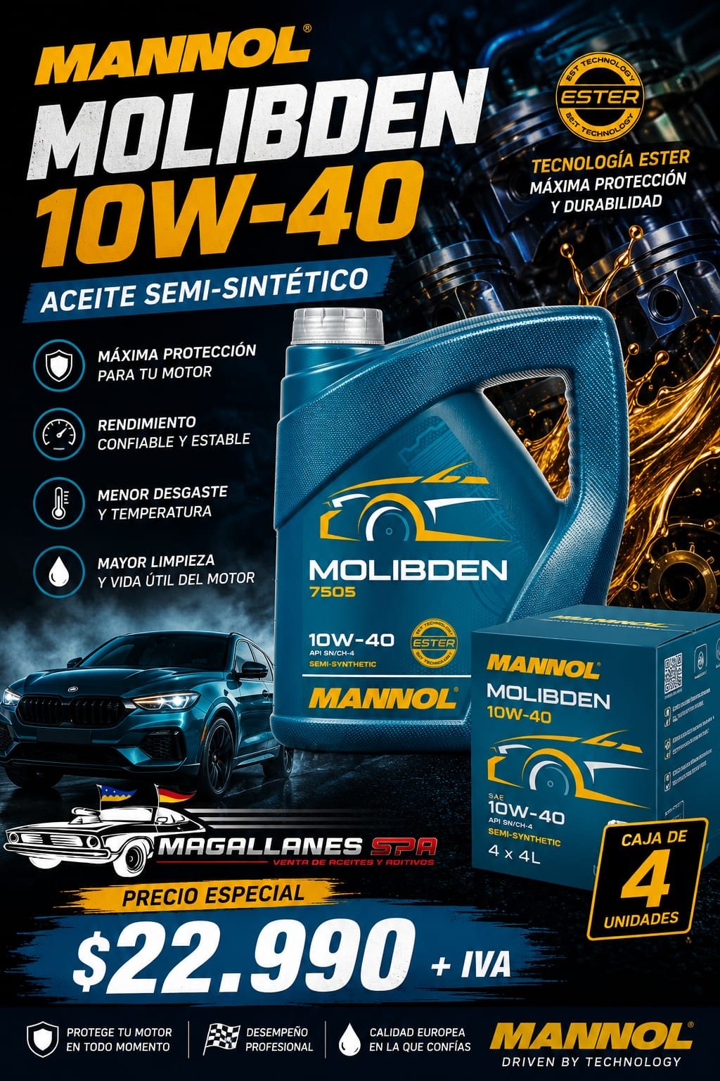 MANNOL Molibden 10W-40 – Caja de 4 unidades (4 x 4L)