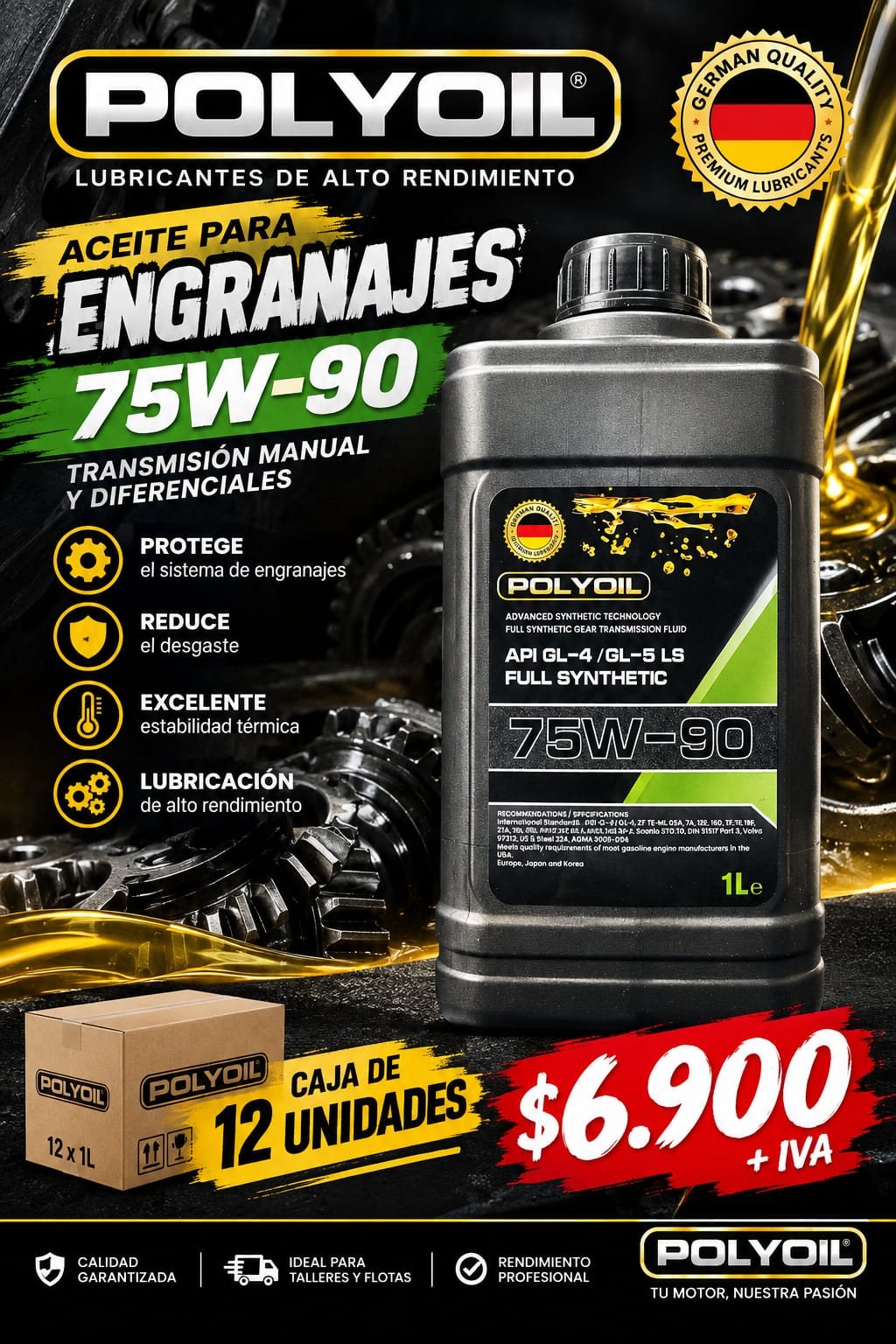 POLYOIL Aceite para engranajes 75W-90 – Caja de 12 unidades (12 x 1L)