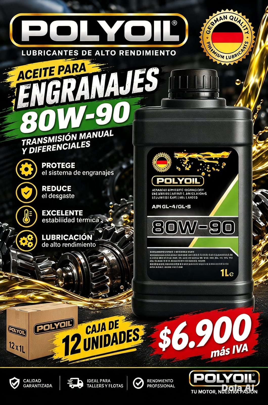 POLYOIL Aceite para engranajes 80W-90 – Caja de 12 unidades (12 x 1L)