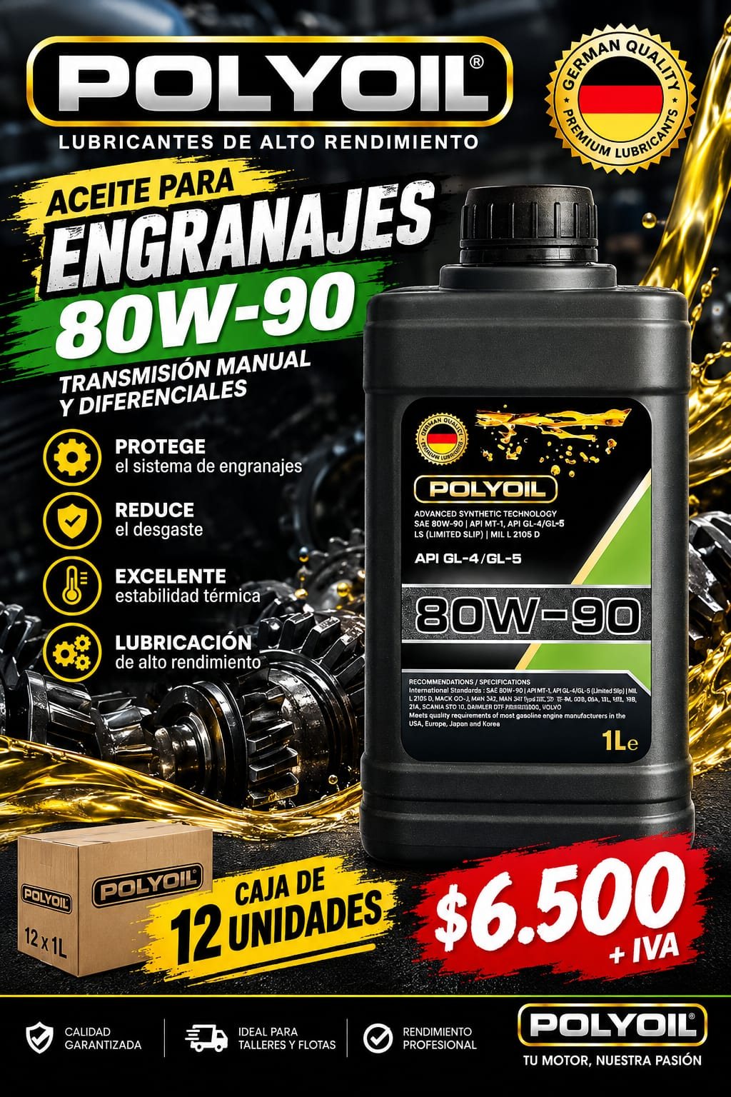 POLYOIL Aceite para engranajes 80W-90 – Caja de 12 unidades (12 x 1L)