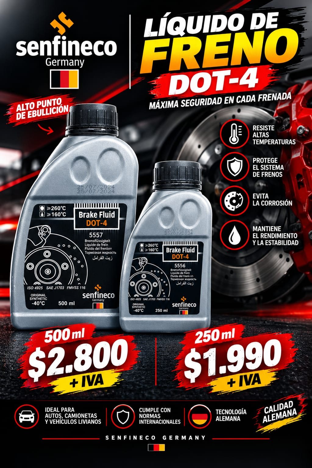 SENFINECO Líquido de freno DOT-4 – Unidad de 500 ml o 250 ml
